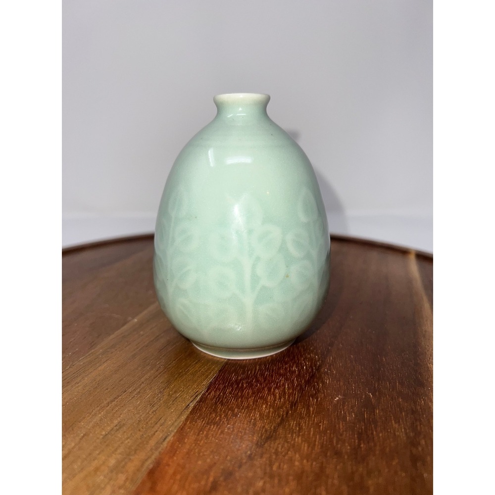 Celadon Bud Vase Embossed Floral Design Small Ceramic Tabletop Decor - Picture 1 of 10